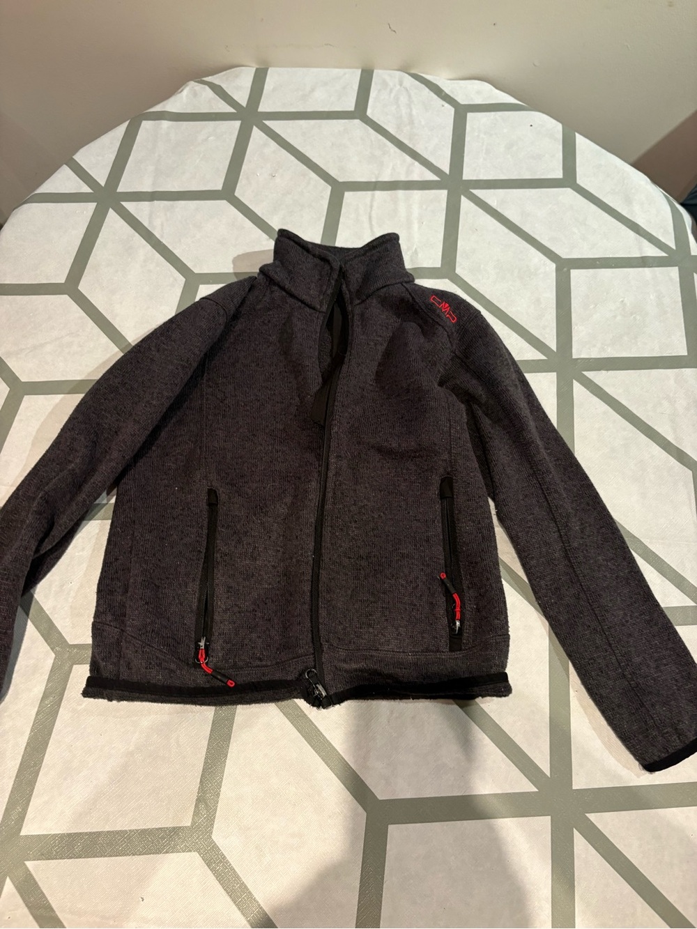 3/15$ Dark Charcoal Zip-Up Jacket with Red Accents